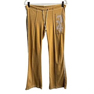 Divine Vintage Y2K Velour Flare Track Pants Mustard Yellow Graphic Womens M USA